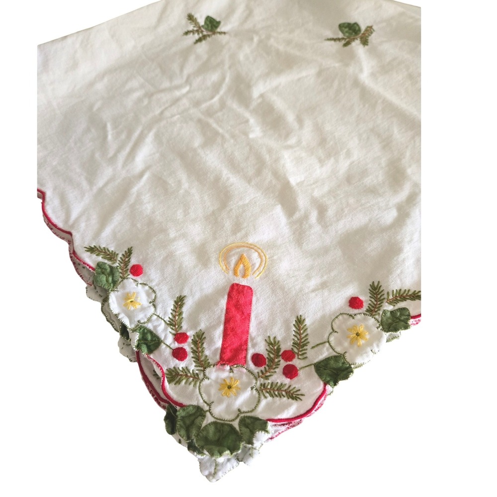 Vintage Square Tablecloth White Embroidered Christmas Candle Floral MCM Holiday